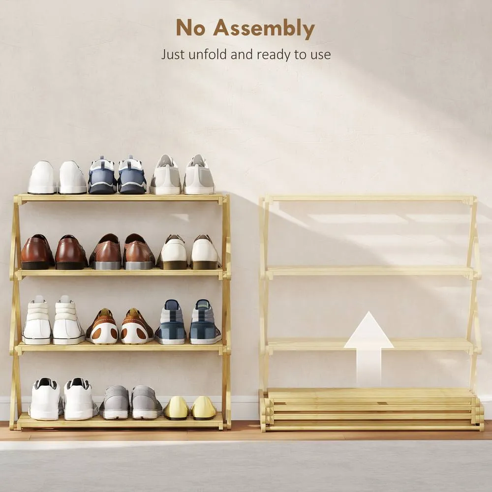 HOMCOM 4-Tier Bamboo Shoe Rack, Folding Shoe Shelf, Holds up to 12 Pairs in Natural 4