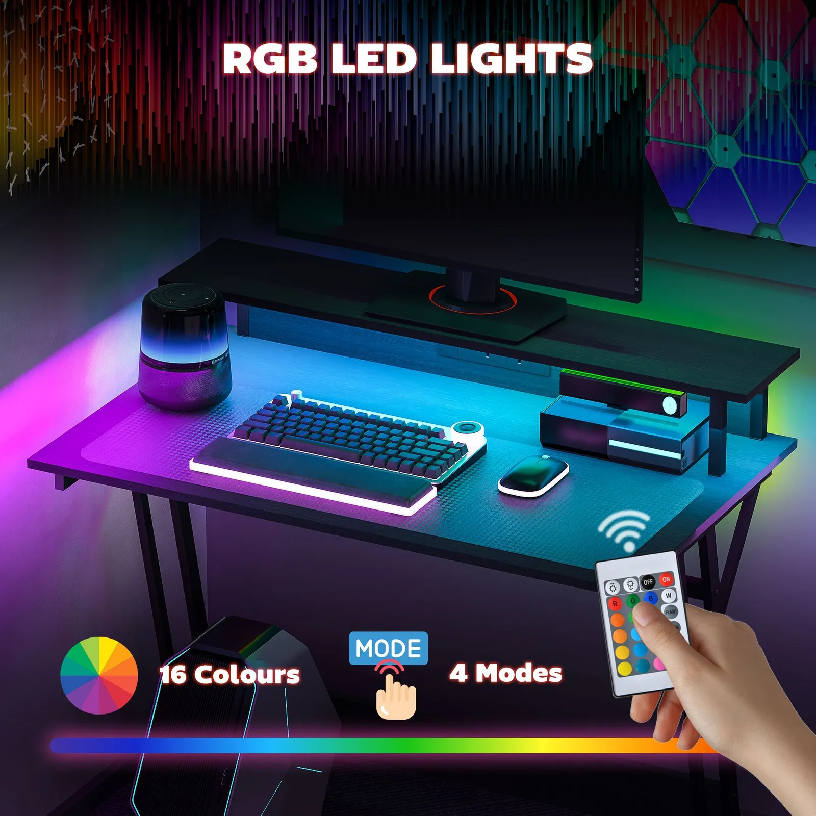 HOMCOM LED Gaming Desk with Power Outlets & Monitor Stand 100 x 60cm Black 4