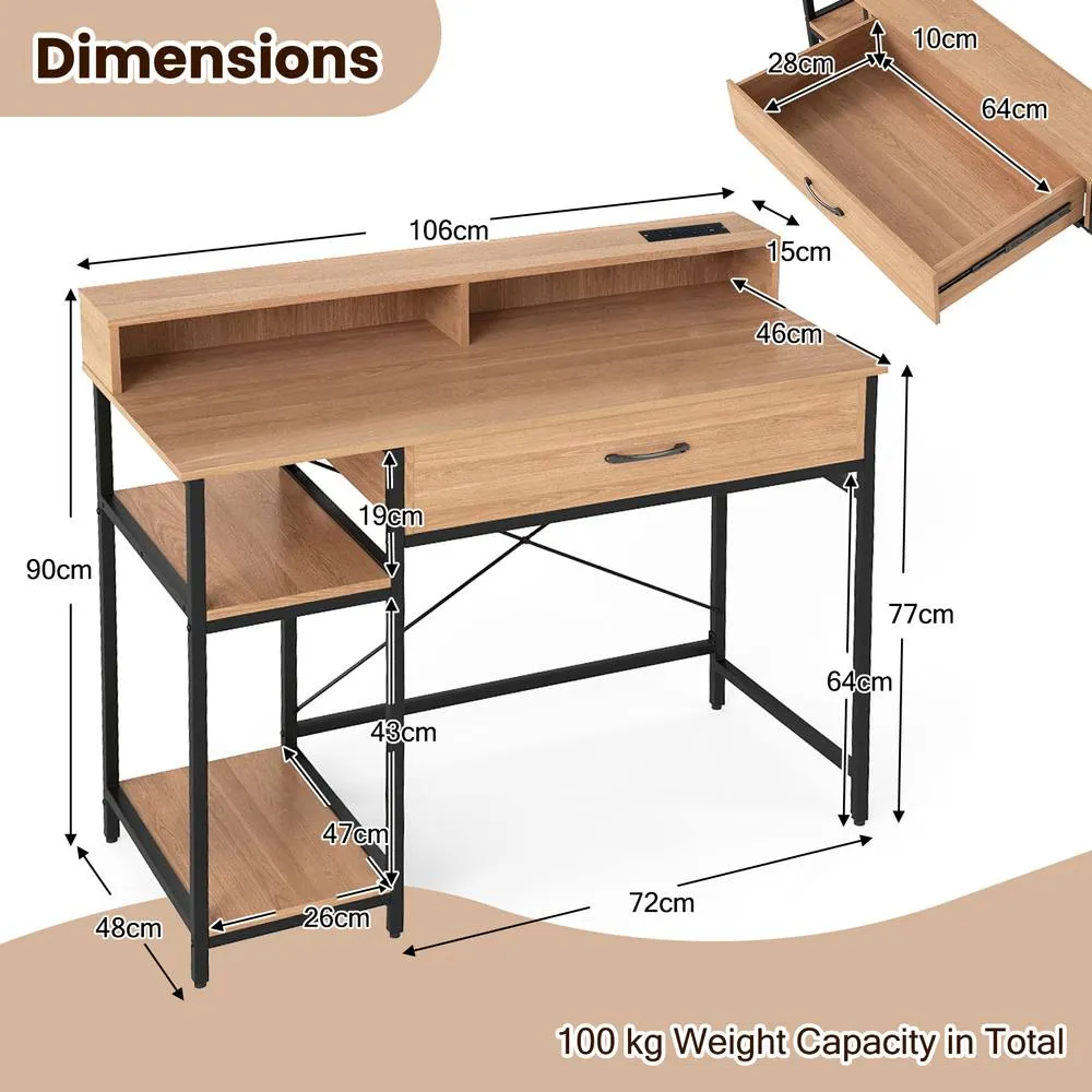 Costway Modern Computer Desk Office Writing Work Study Desk w/ Power Outlets in Natural 3