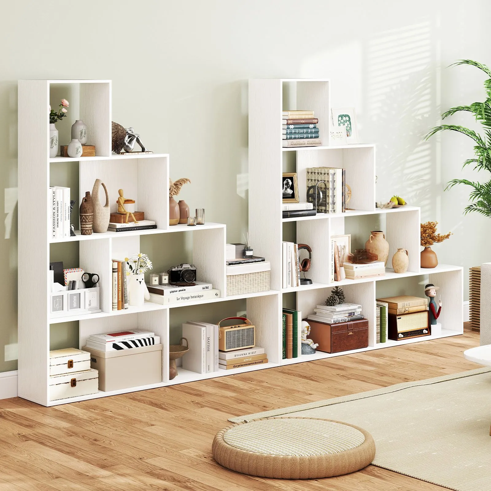 Costway 4-Tier Stepped Bookshelf Modern Ladder Bookcase w/6 Storage Cubes in White 5