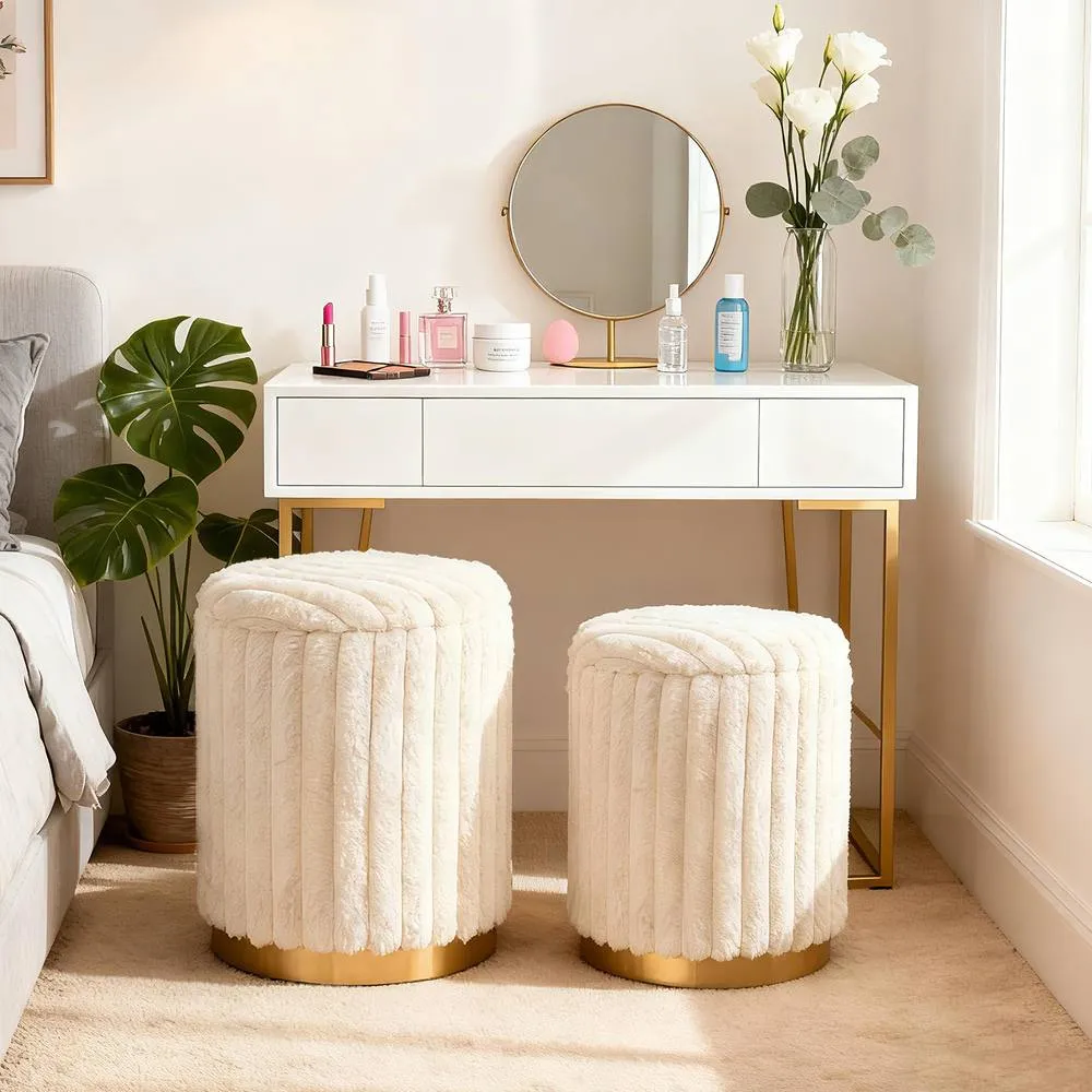 Costway Modern Ottoman Set of 2 Vanity Stool Footrest w/ Detachable Lids in Cream