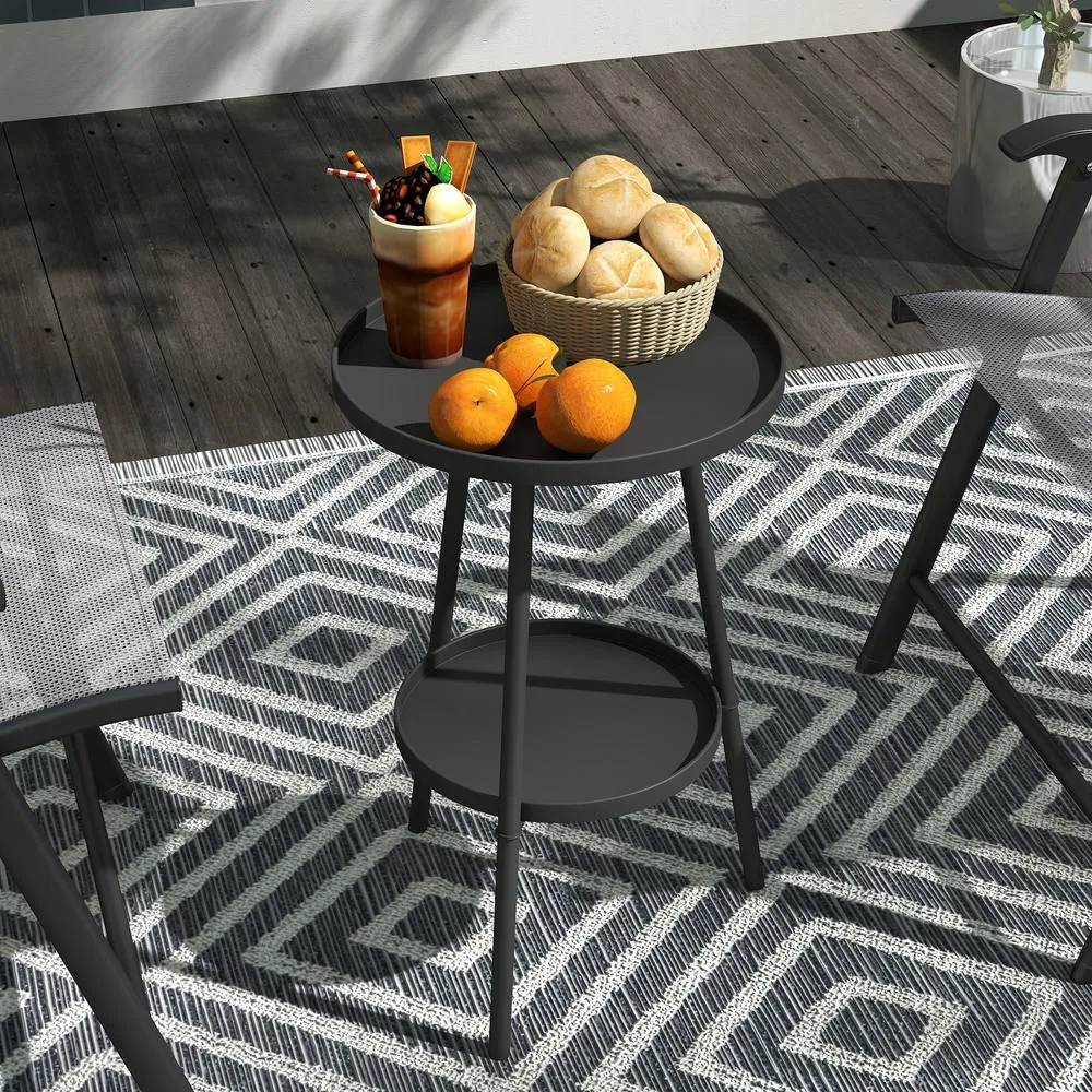 OUTSUNNY Round Garden Table, 2-Tier Metal Patio Table Coffee Table, Black