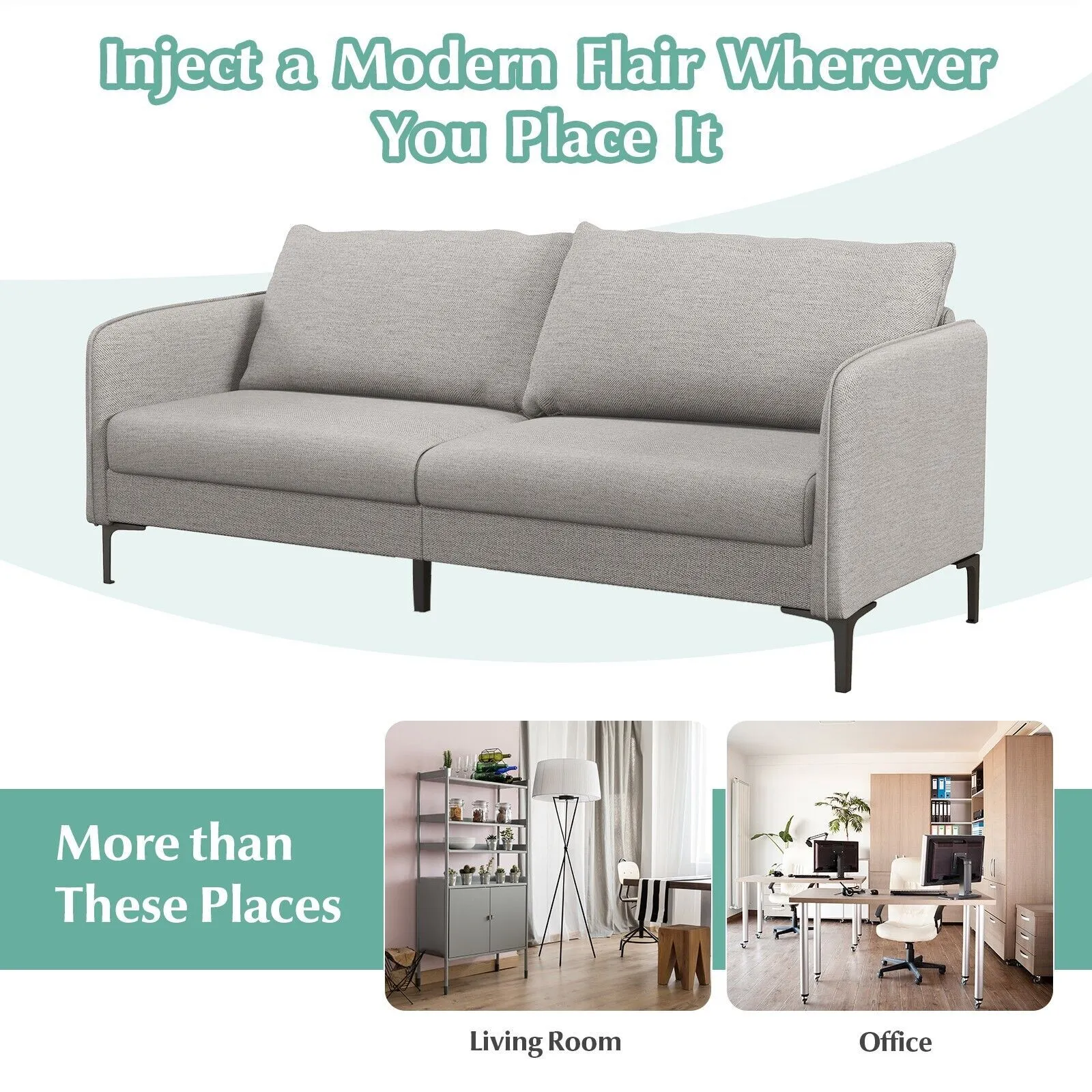 Costway Modern Loveseat Sofa Couch Upholstered Sofa Couch with Armrest Sturdy Metal Legs in Grey 6