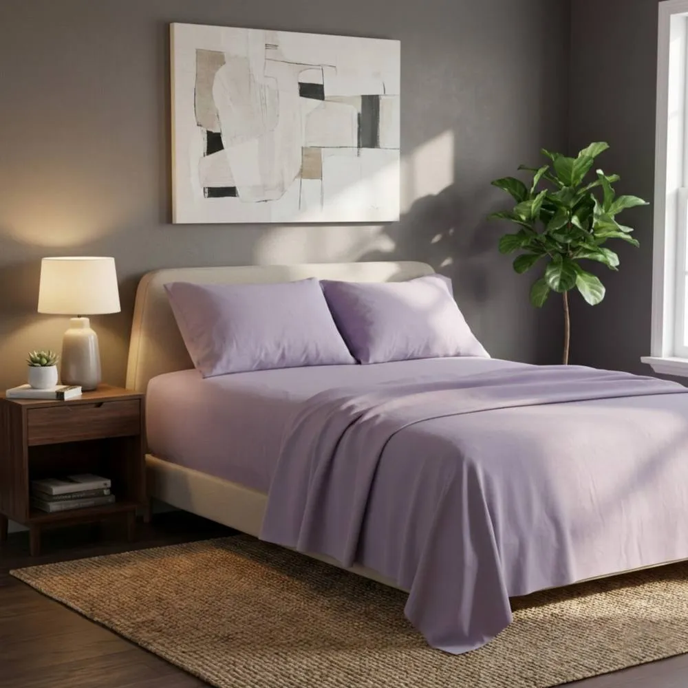 Snug City Soft Plain Brushed Cotton Fitted Flat Sheet Matching Pillowcases Set in Lilac
