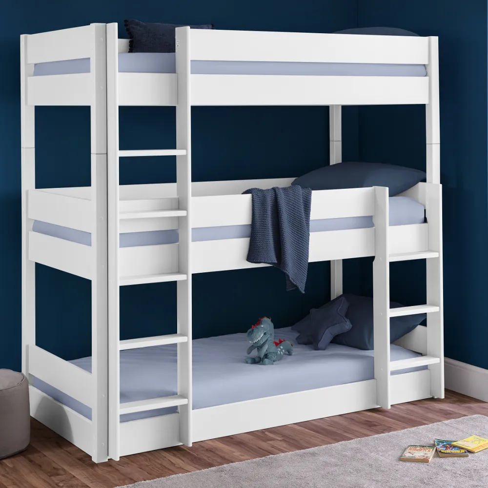 Trio Bright White Wooden Triple Sleeper Bunk Bed Frame - 3ft Single