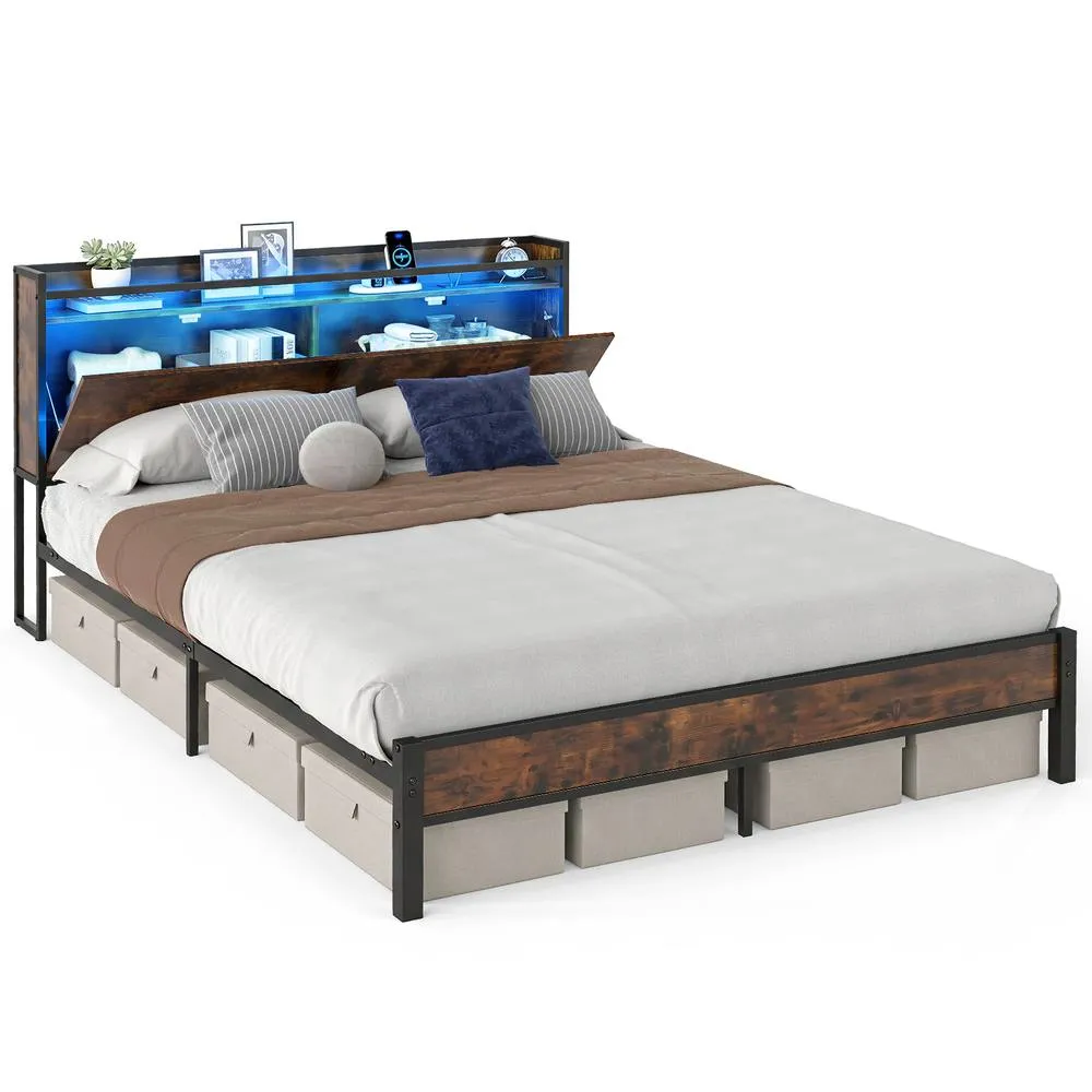 Costway King Size Bed Frame with LED Lights & Charging Station in Black 5