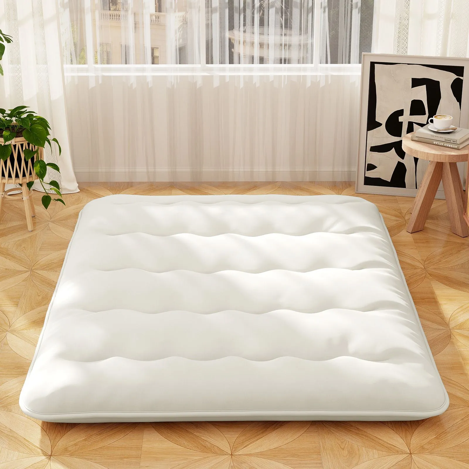 Costway Foldable Tatami Mat Floor Futon Mattress Roll up Sleeping Pad with Washable Cover, Small Double/Double/King Size in Beige