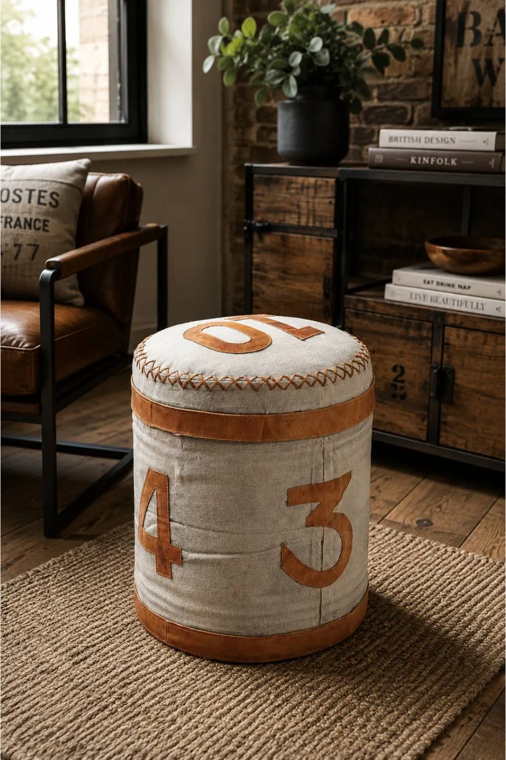 IH Design Stool Retro Canvas & Leather Ottoman Fully Assembled in Light Sand