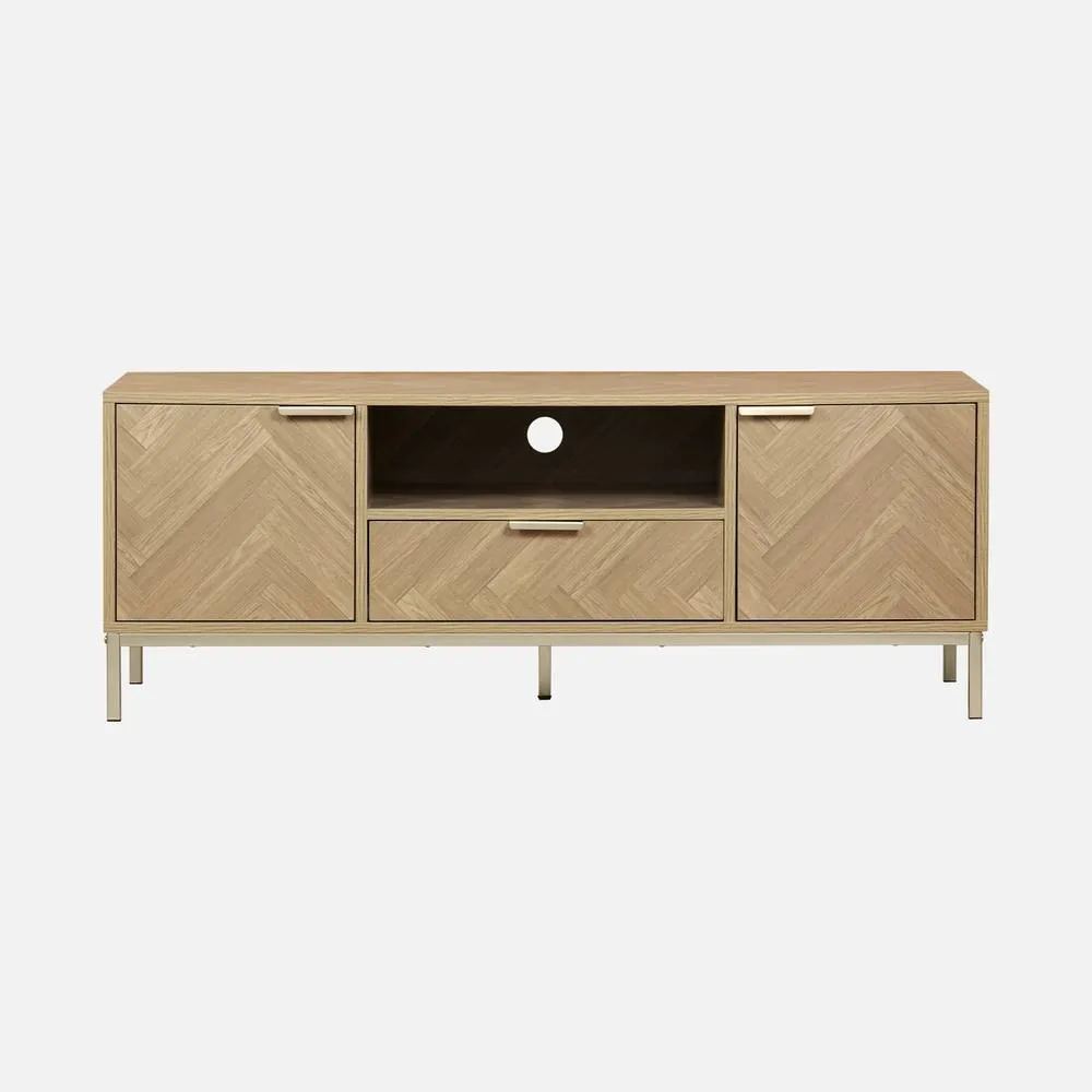 sweeek 120cm Tv Unit 2 Cupboard Herringbone 1 Drawer in Light Brown 2
