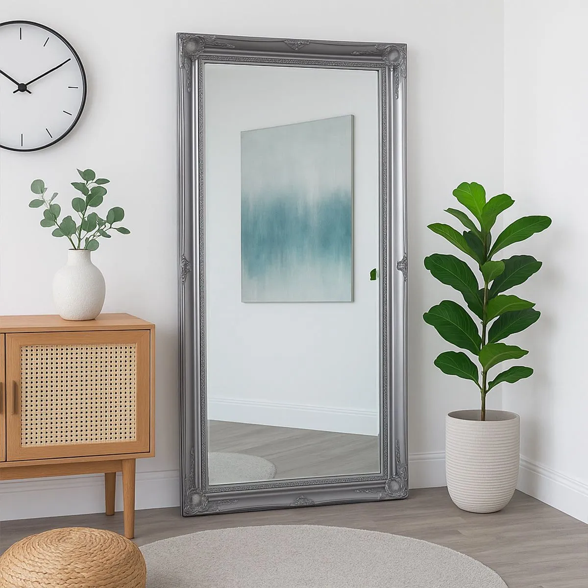 Melody Maison Large Ornate Silver Wall / Floor / Leaner Mirror 158cm X 78cm in Metallic Silver