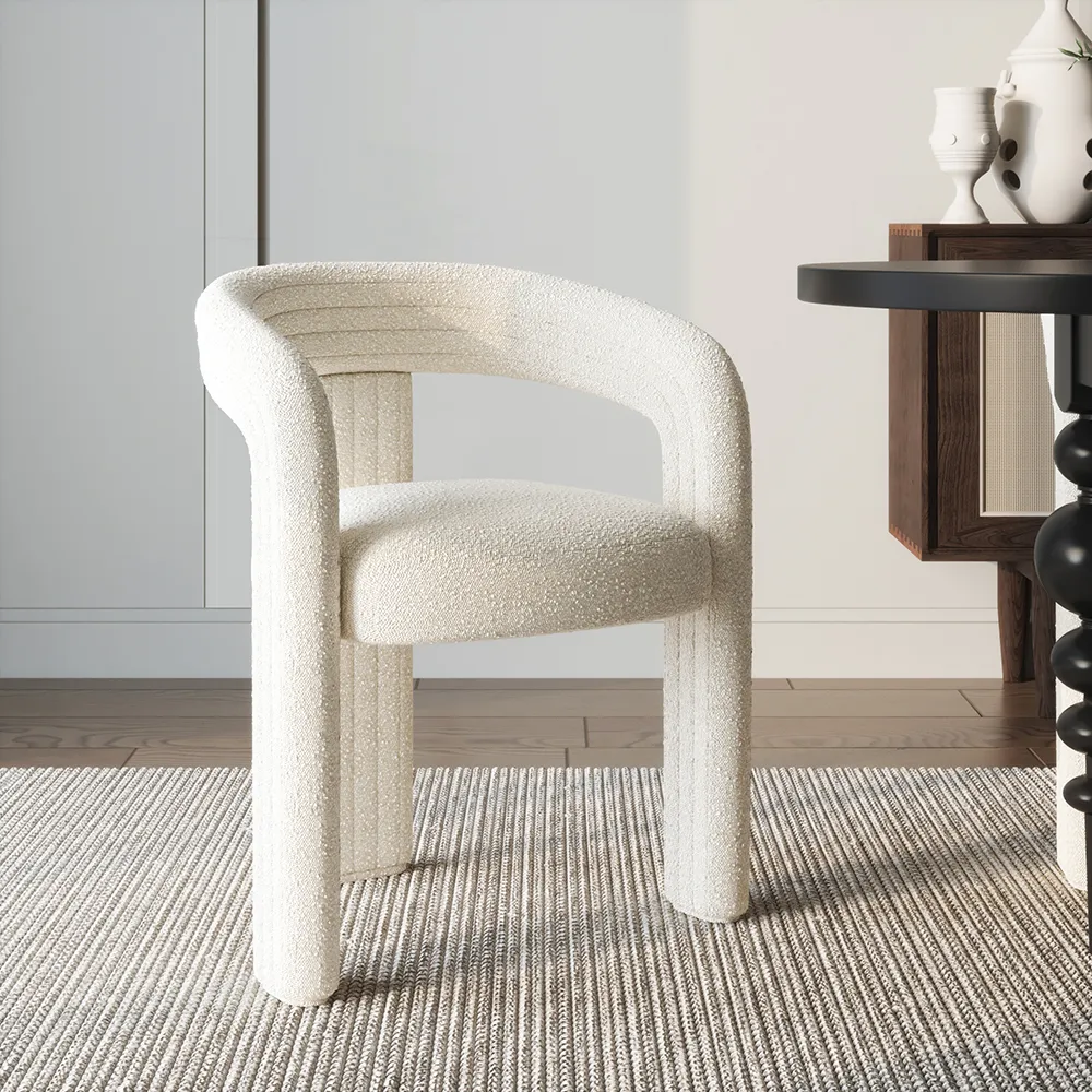 Off White Boucle Dining Room Chair Modern Channel Back C-Shaped Dining Chair 8-Pieces