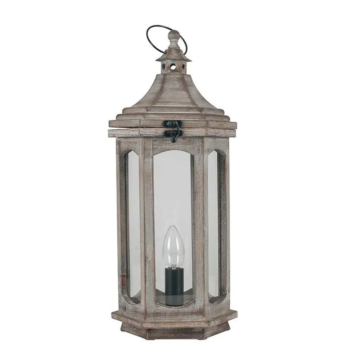 Antique Wood Lantern Table Lamp, Grey