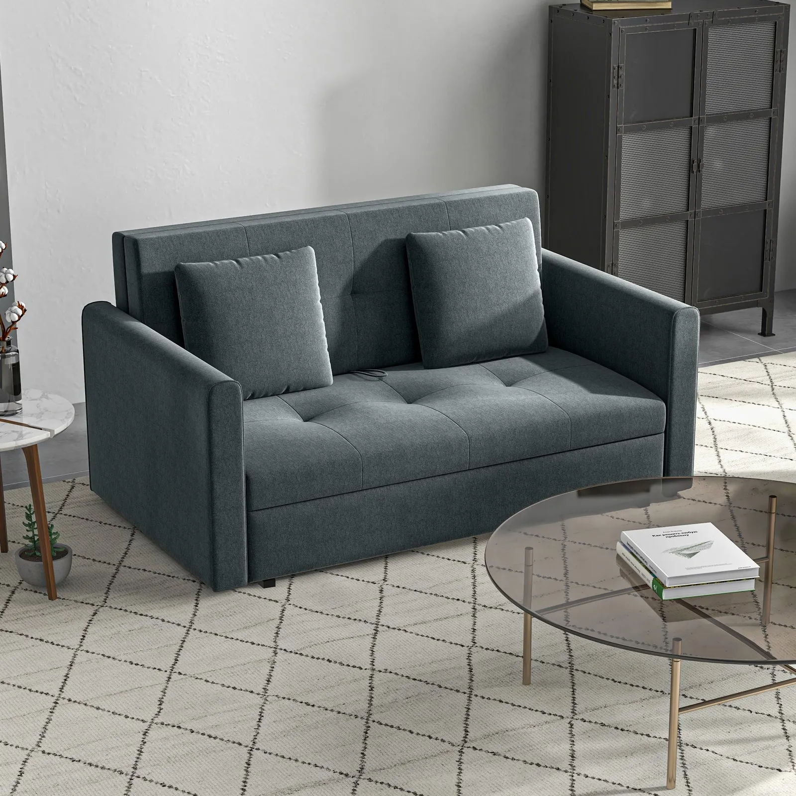 HOMCOM Convertible 2 Seater Sofa Bed with 2 Cushions Storage for Living Room in Dark Grey