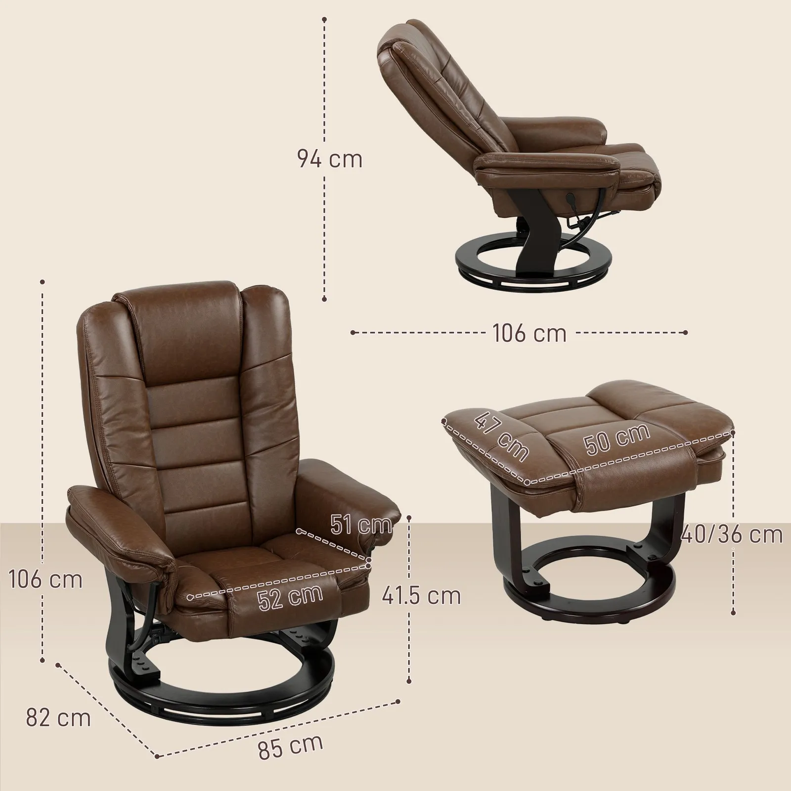 HOMCOM Swivel Manual Recliner & Footrest Set PU Leather Chair Brown in Dark Brown 3