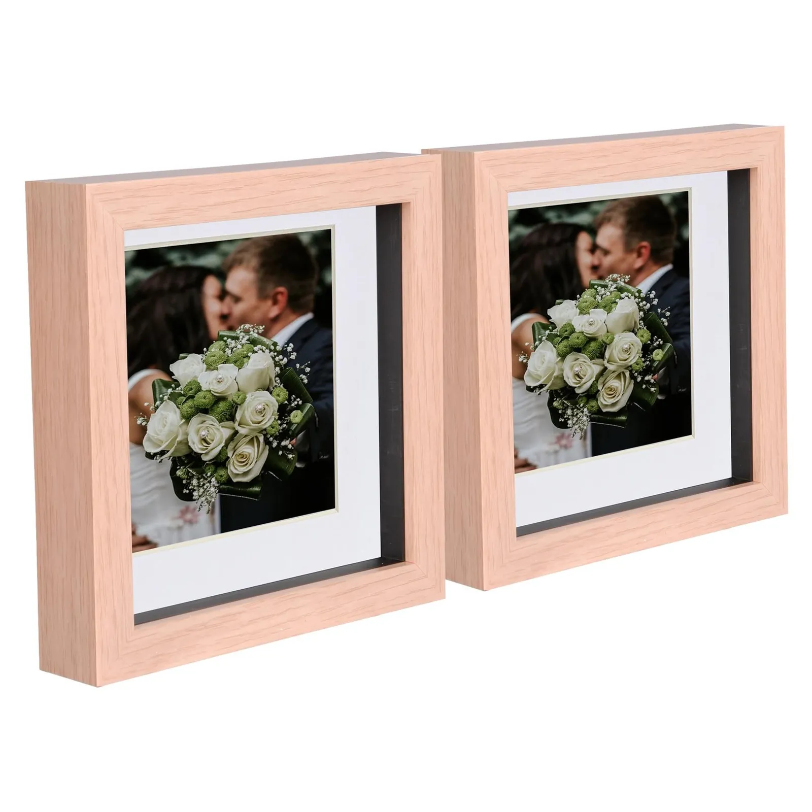 Nicola Spring 6" x 6" 3D Box Photo Frames - 4" x 4" Mount - Light Brown - Pack of 2 in White