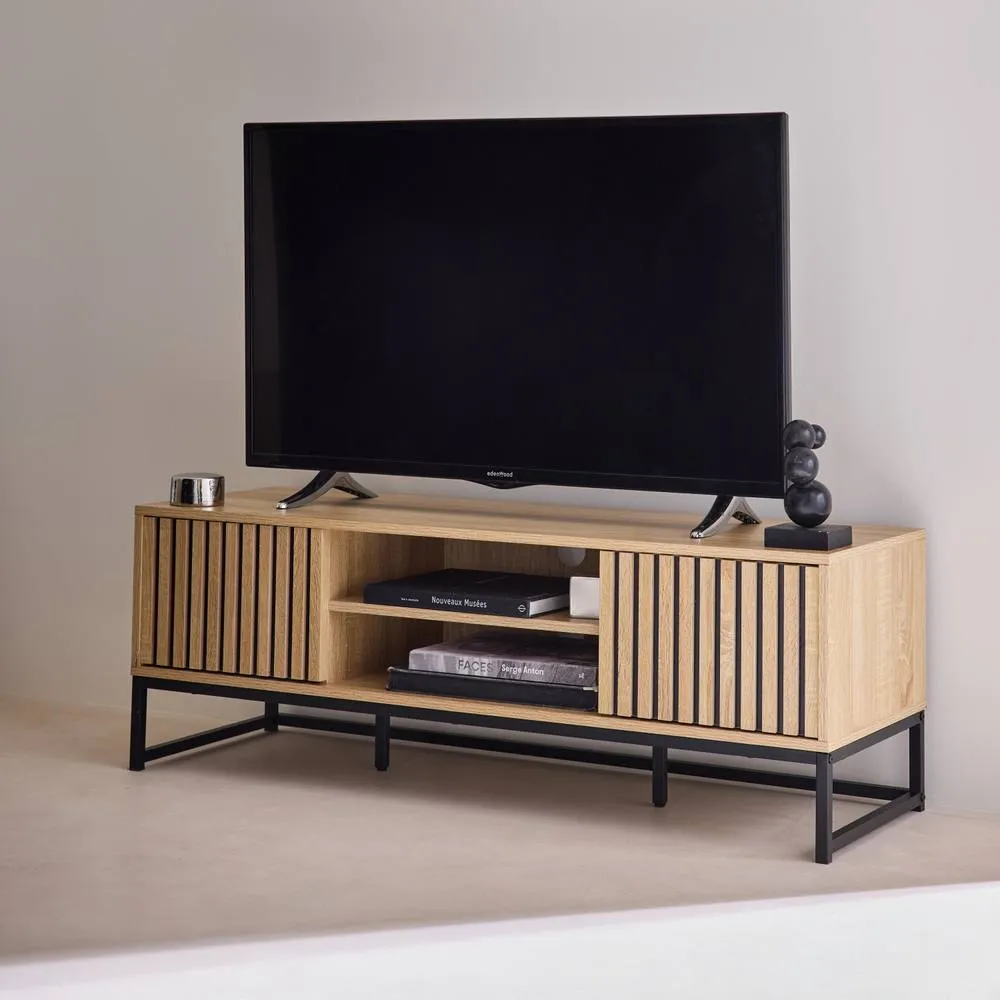 sweeek 120cm Tv Unit Grooved Wooden Effect & Metal 2 Doors in Light Brown 6