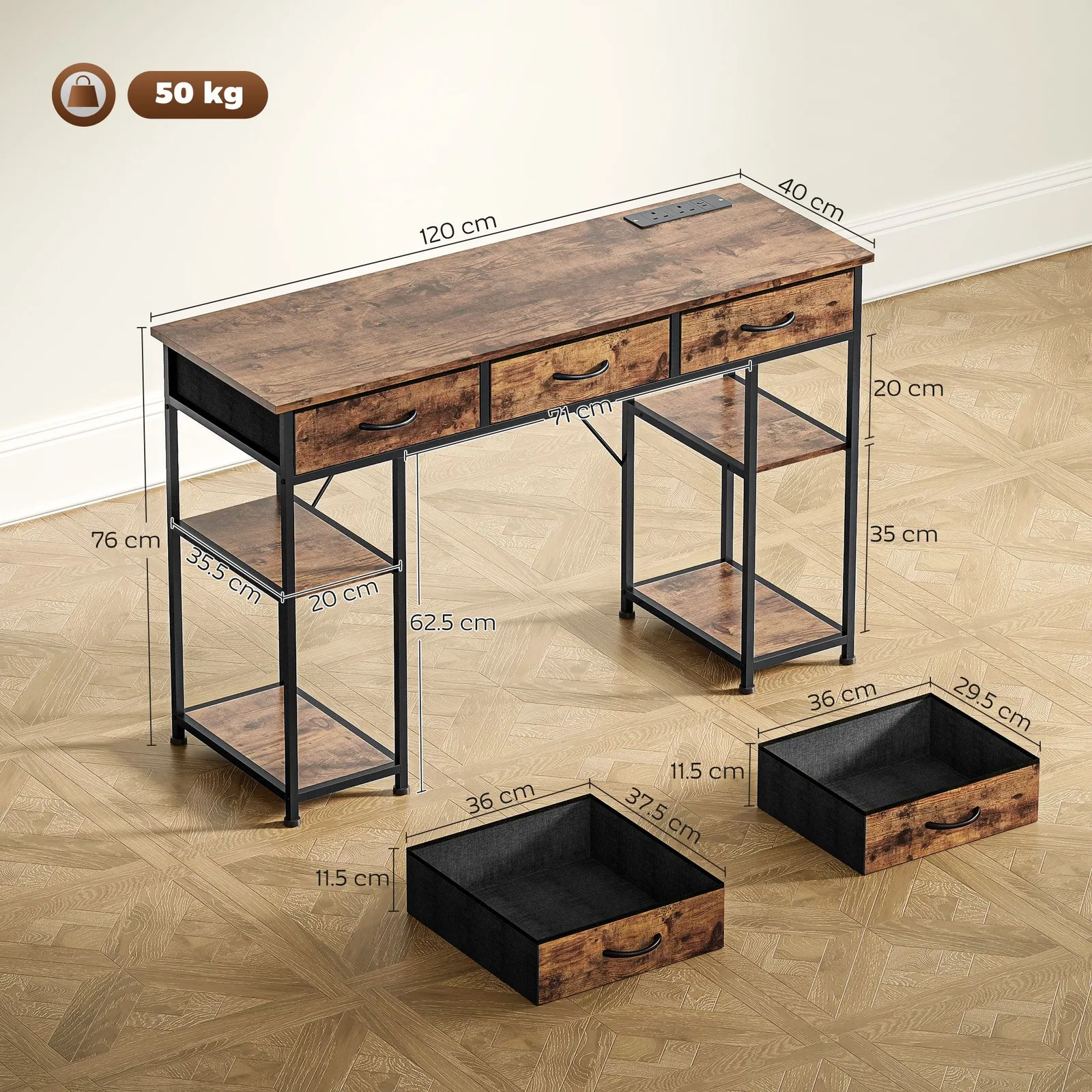 HOMCOM Computer Writing Desk with Power Outlets, Drawers, Shelves, Brown 3