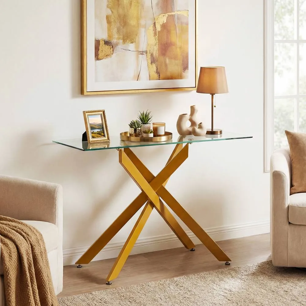 Costway Glass Console Table 115CM Entryway Table w/ Clear Tempered Glass Top in Gold 4