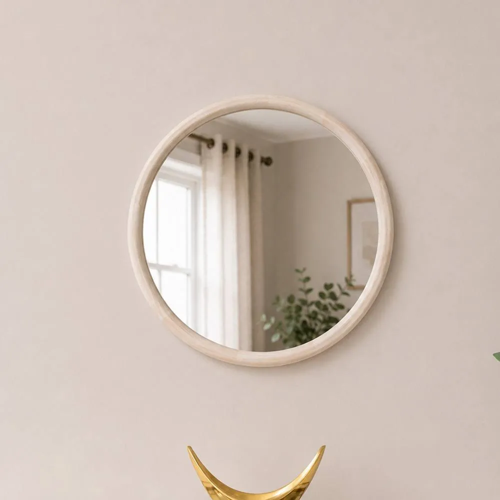 Melody Maison White Washed Wooden Round Wall Mirror - 50cm X 50cm in Off-White