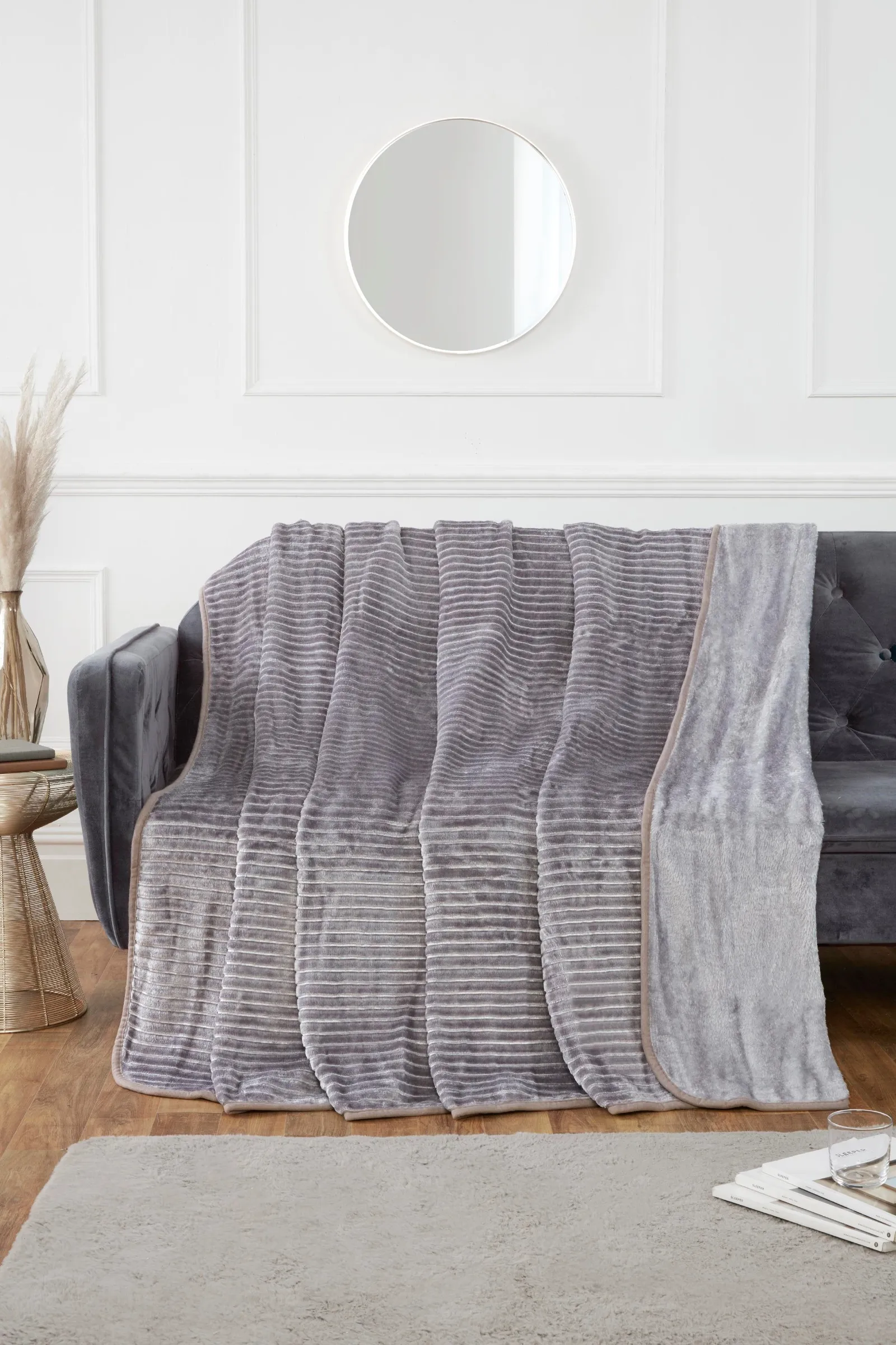 Rapport Home Ribbed Mink Faux Fur Blanket Throw in Silver