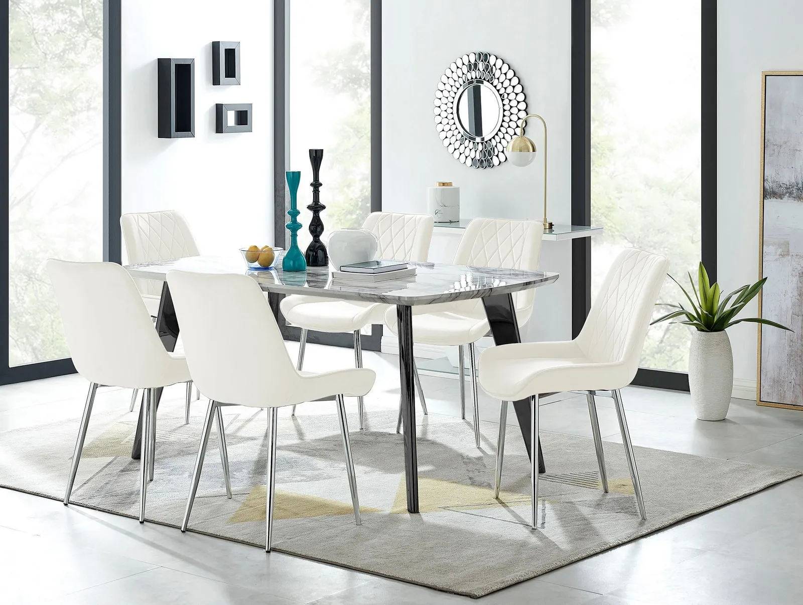FurnitureboxUK Andria Marble Effect Dining Table With Black Legs & 6 Pesaro Velvet Silver Leg Chairs in Cream 1
