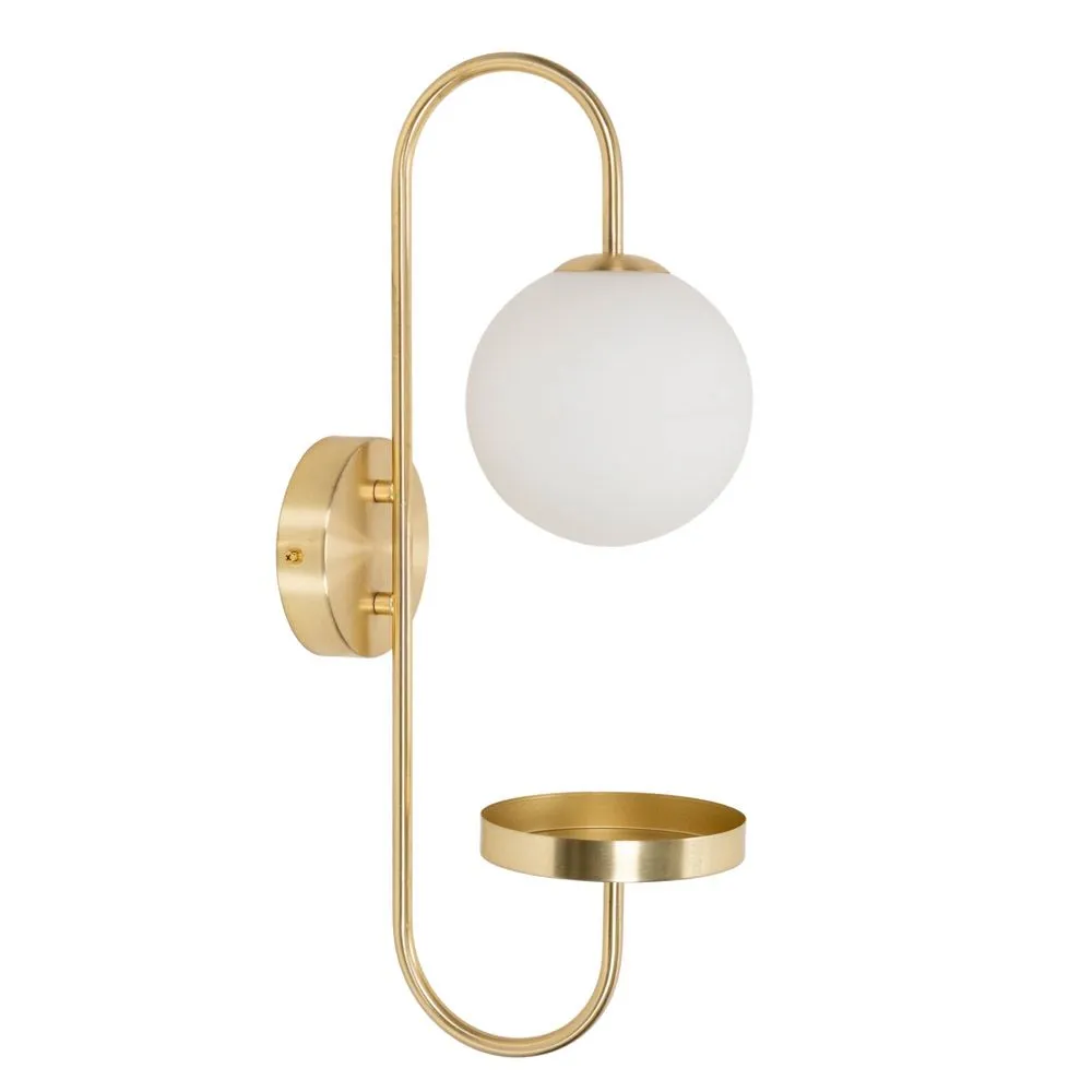 ValueLights Milo Frosted Glass Globe Shade Curved Wall Light with Shelf & LED Bulb in Gold 2