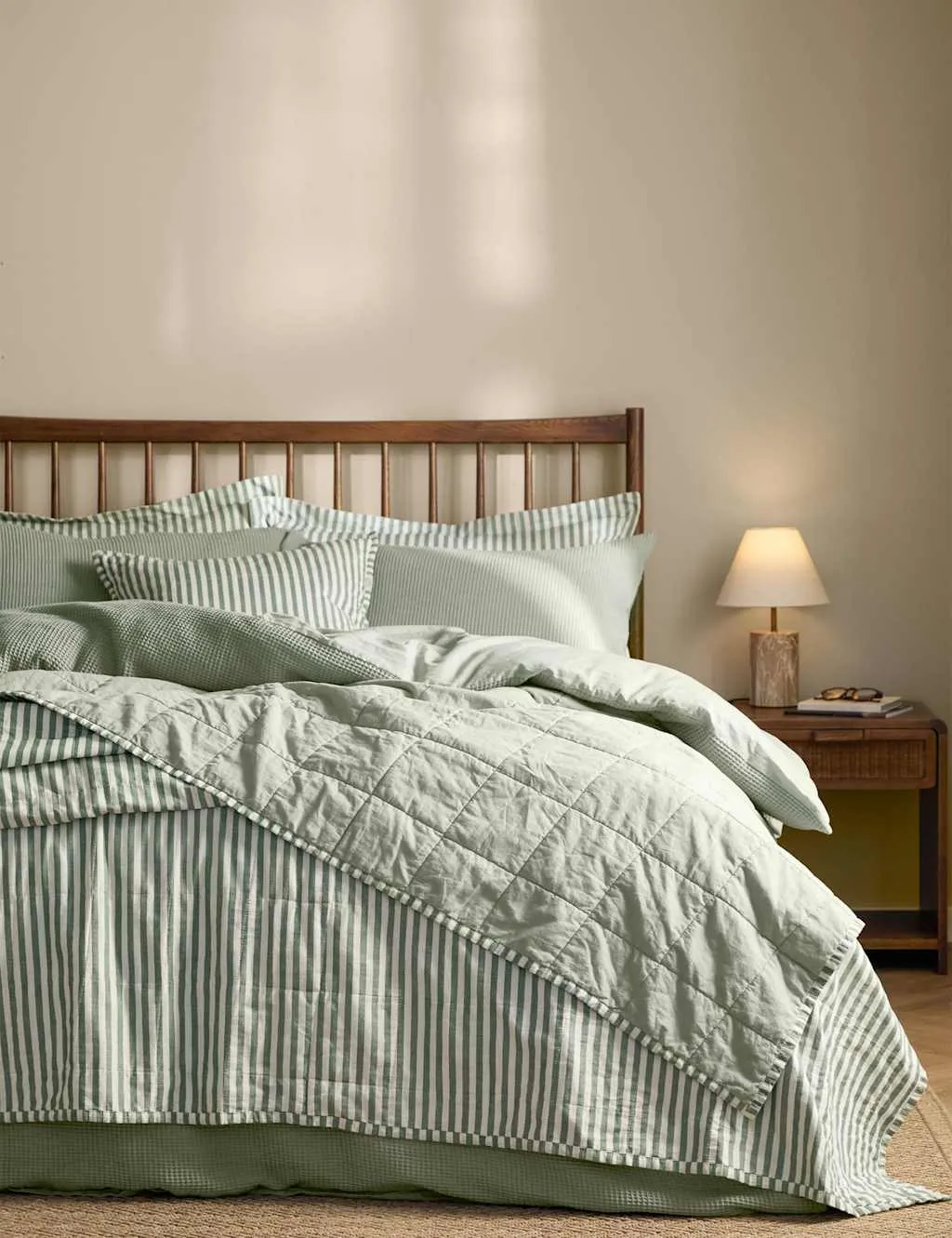 YARD Hebden Washed Striped Quilted Bedspread Light Green