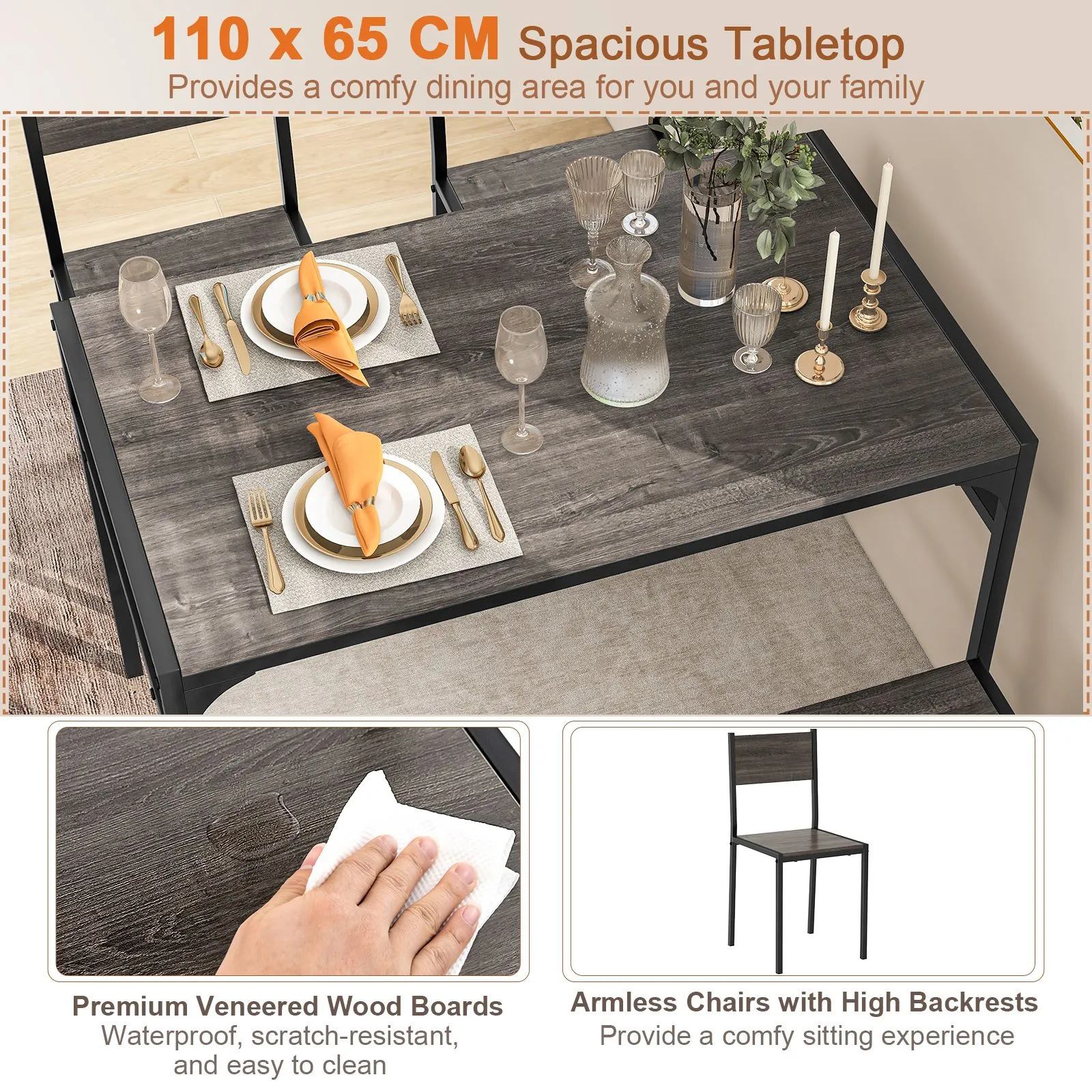 Costway 4PCS Dining Table Set for 4 Industrial Rectangular Kitchen Table with Chairs & Bench Metal Frame in Grey 4
