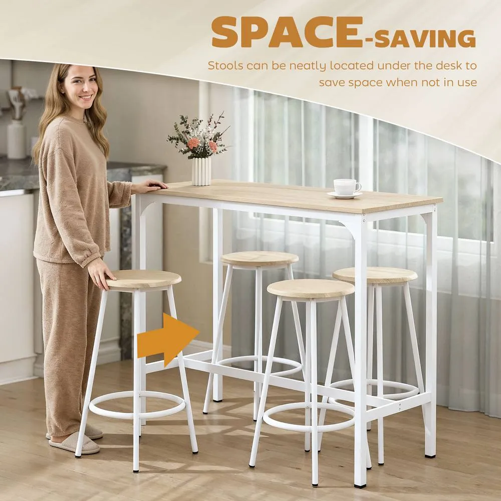 HOMCOM 5 Piece Bar Table & Stools Set with Metal Frame Natural Wood 5