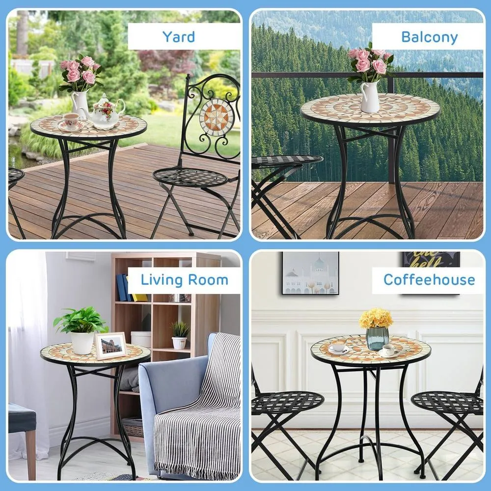Costway Round Table with Iron Frame & Retro Mosaic Tabletop in Black 6