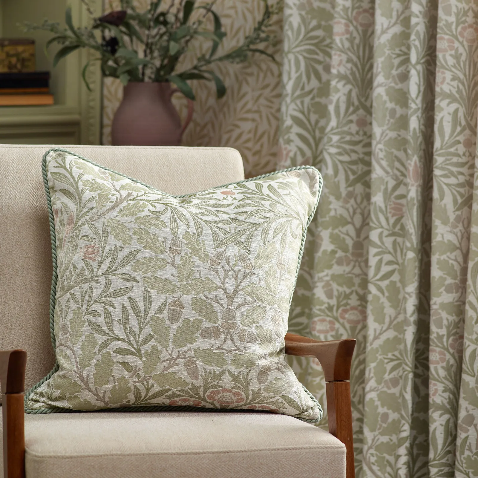 Morris & Co Acorn Multi Floral Jacquard Room Darkening Pencil Pleat Curtains in Stone 4