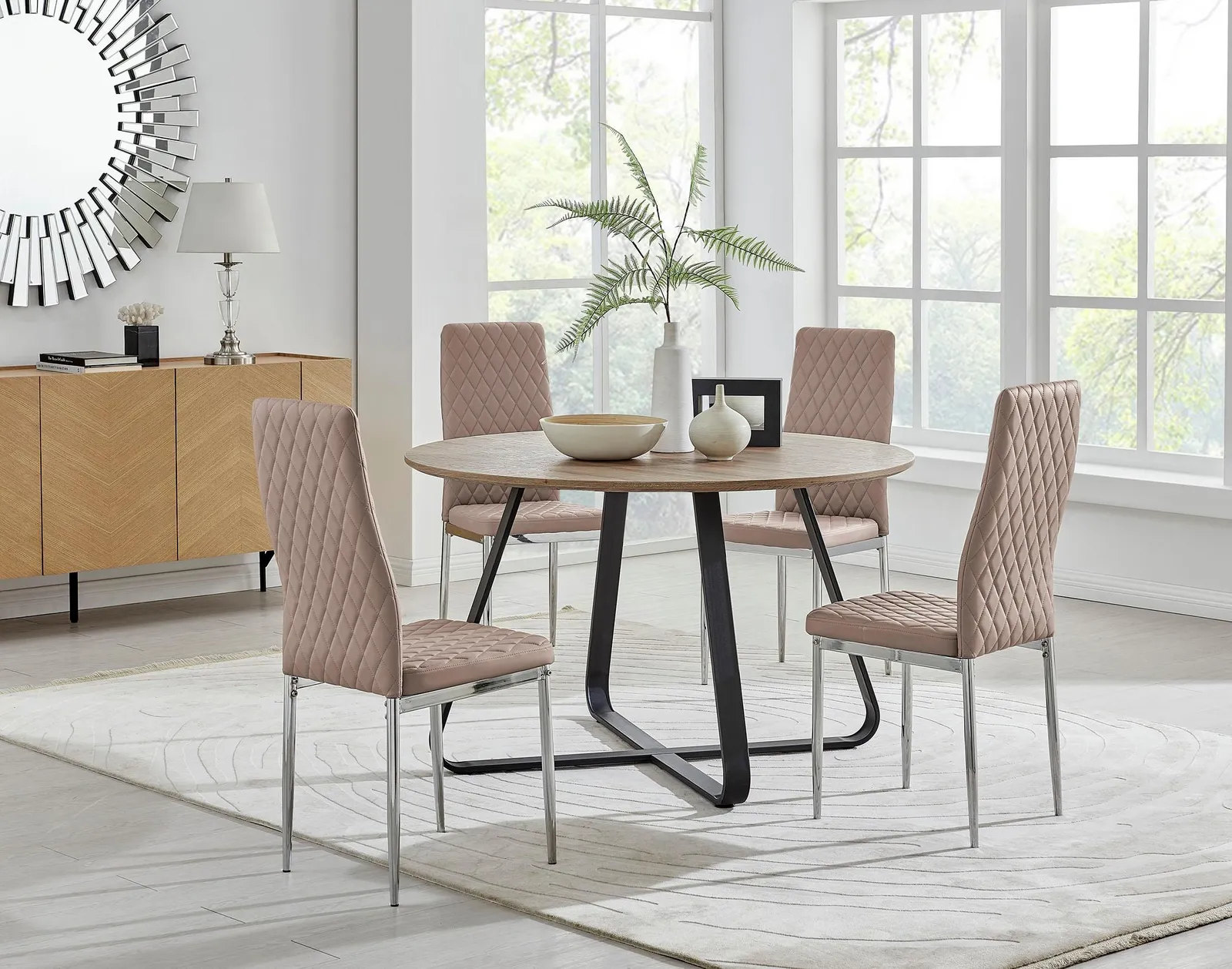 FurnitureboxUK Santorini Brown Wood Contemporary Round Dining Table & 4 Milan Chairs Set in Beige 1
