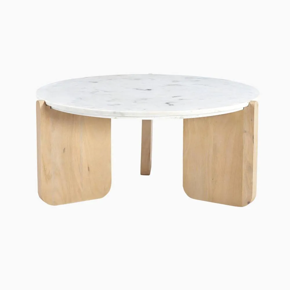 FurnitureboxUK Solia Round White Oak Wood & Marble Coffee Table in Light Brown 3