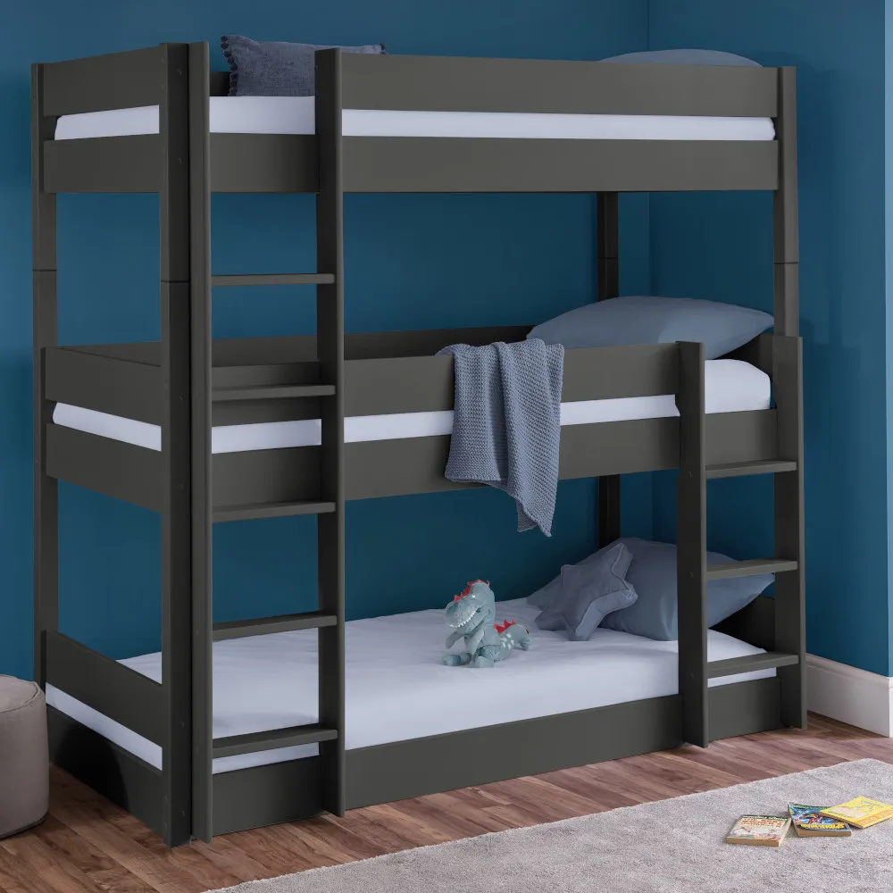 Trio Anthracite Wooden Triple Sleeper Bunk Bed Frame - 3ft Single
