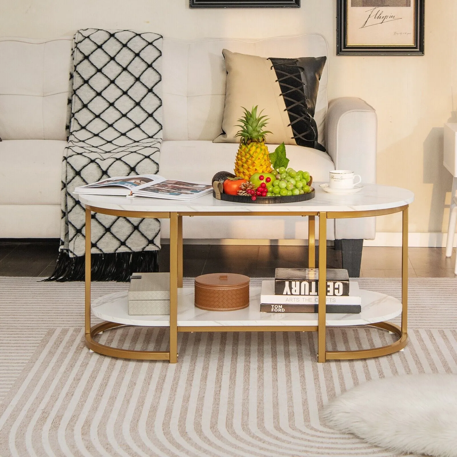 Costway Modern Faux Marble Coffee Table 2Tier Rectangular Chic Cocktail Accent Table in White 5