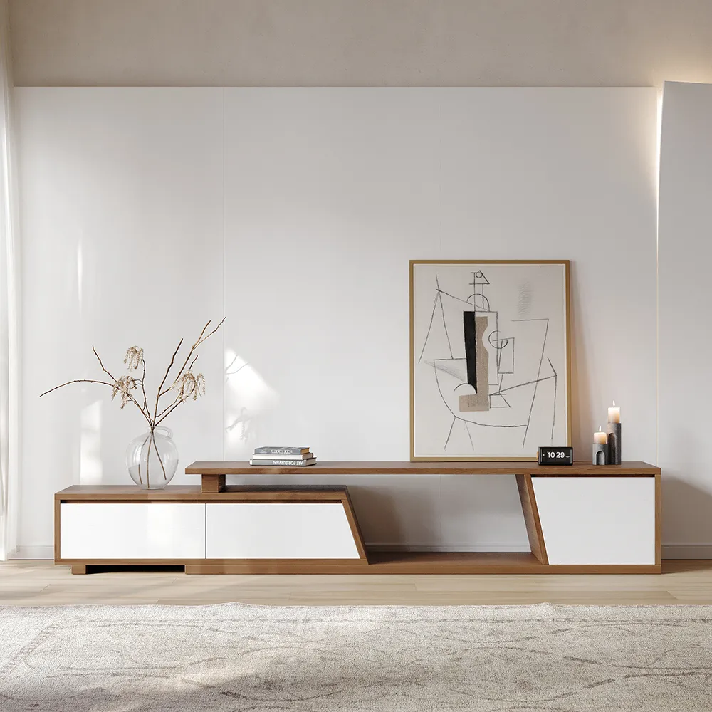 Fero Minimalist Walnut & White Rectangle Reversible Extendable TV Stand with 3 Drawers Up to 280 cm