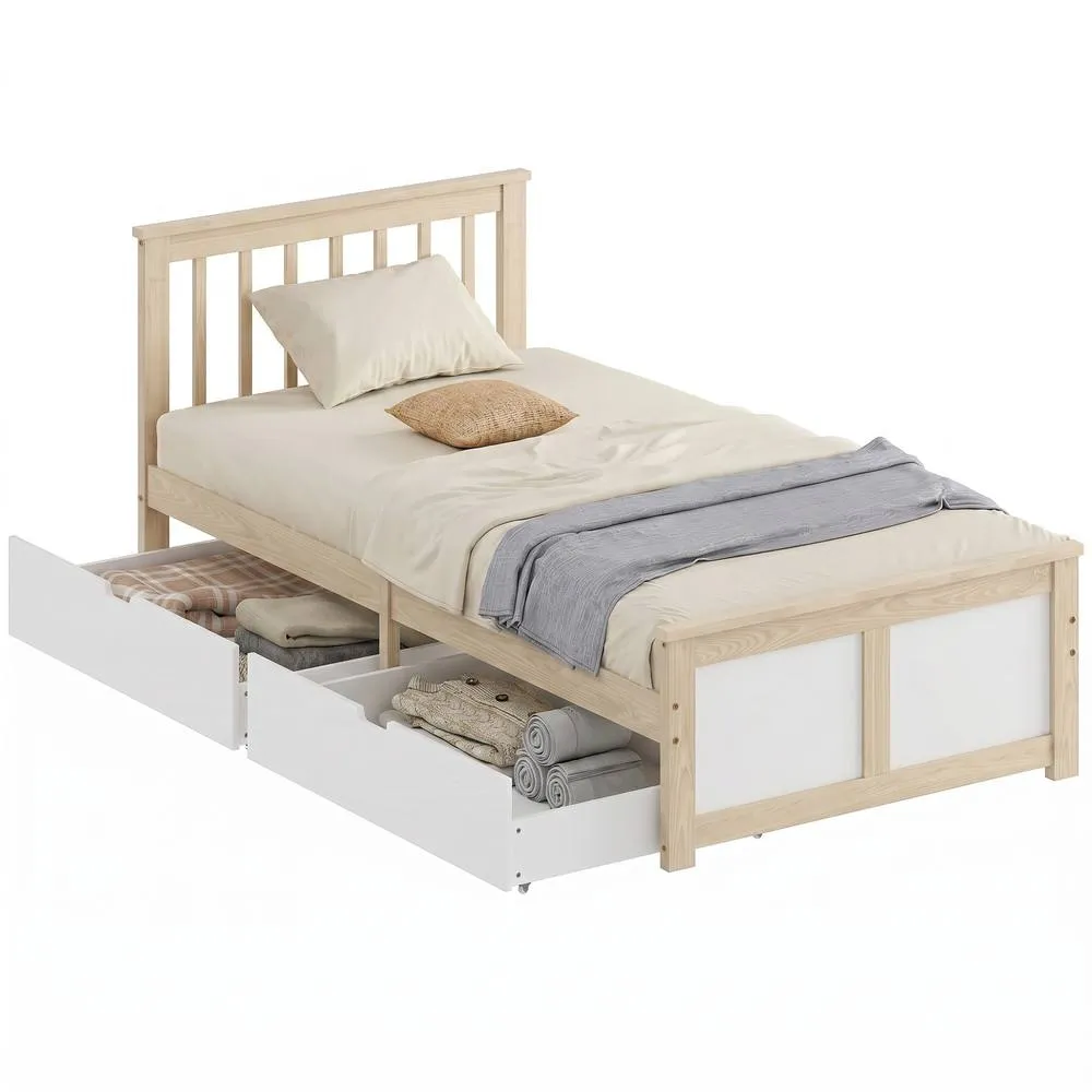 HOMCOM Storage Bed with 2 Drawers, Headboard, Wood Slat Support, Natural 2
