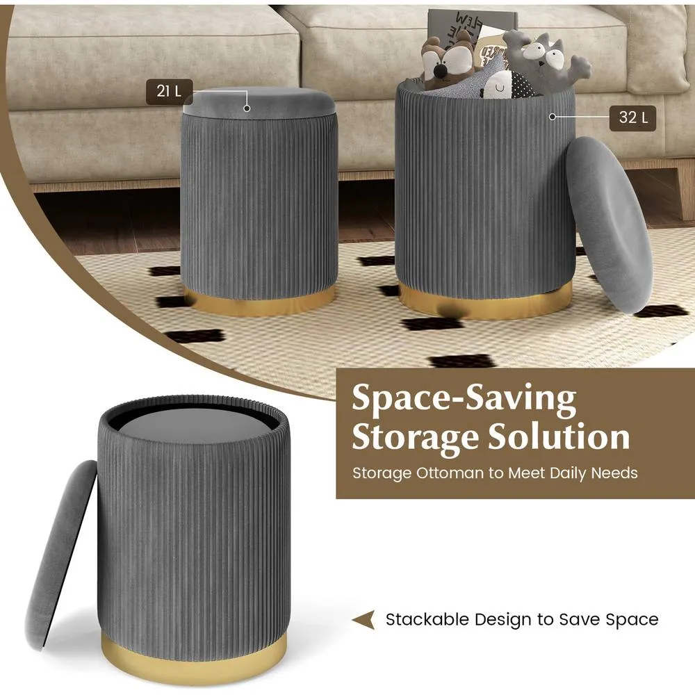 Costway 2 Pcs Velvet Round Footstools Nesting Storage Ottoman-Grey in Grey 5