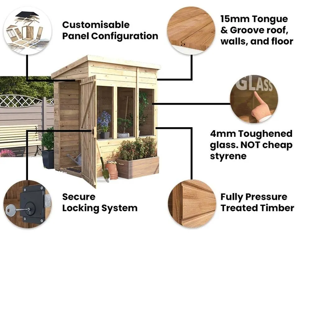 Dunster House Wooden Potting Shed Pent Roof W4' x D6' (W1.2 x D1.8m) Overlord Modular in Brown 4