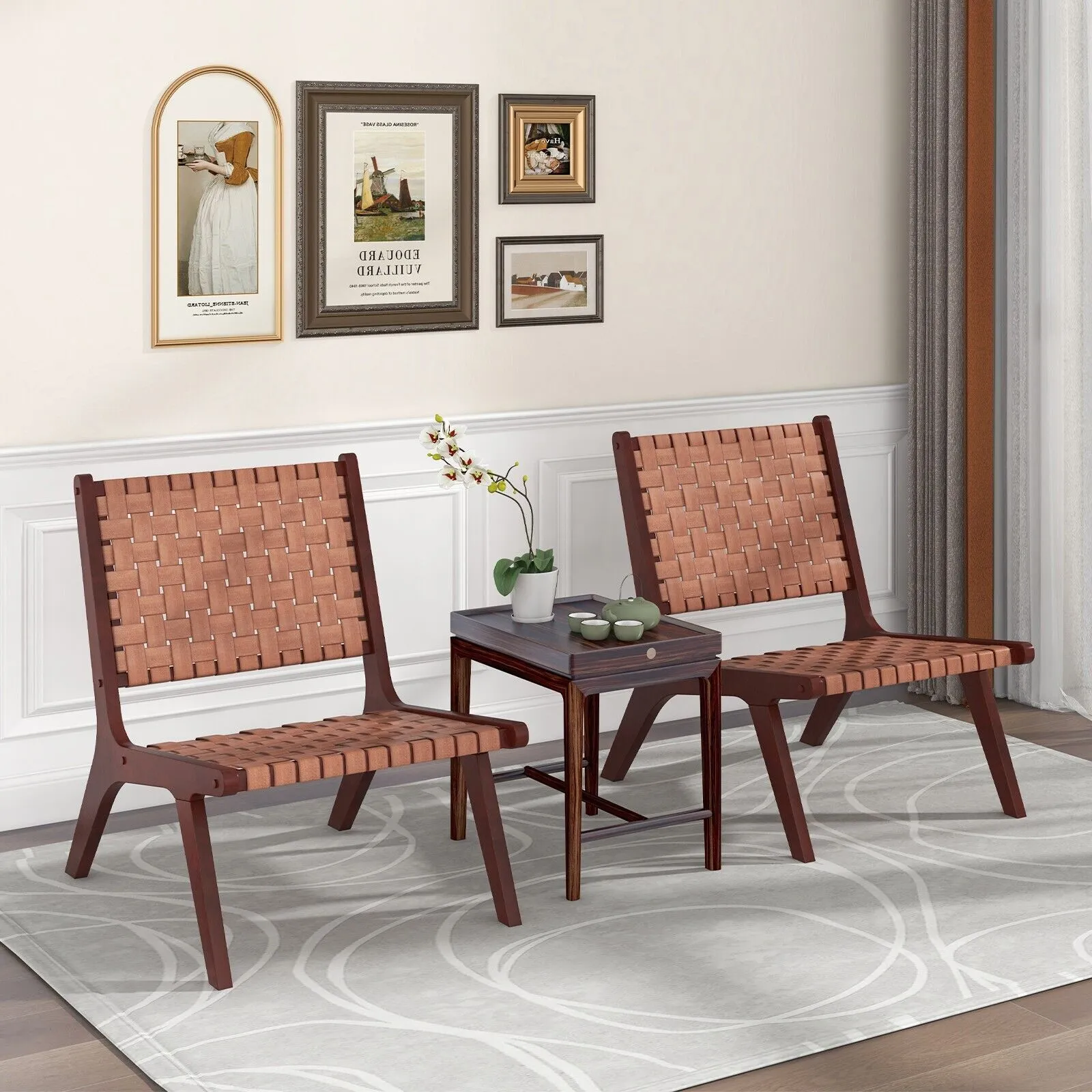 Costway Set of 2 Modern Woven Leather Accent Chair Living Room Lounge Chair W/ Wood Frame in Brown 3
