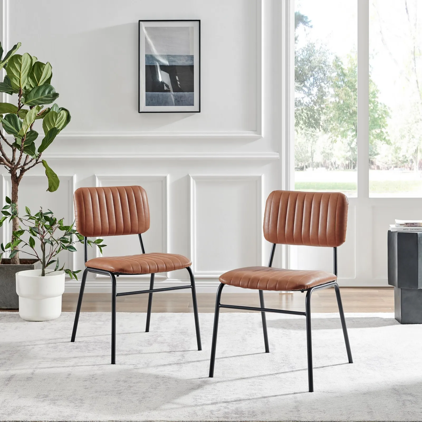 FurnitureboxUK Set of 2 Delta Faux Tan Leather Industrial Dining Chairs 3