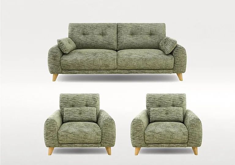 Malmo 3 Seater Fabric Sofa and 2 Armchairs Set - Olive Green