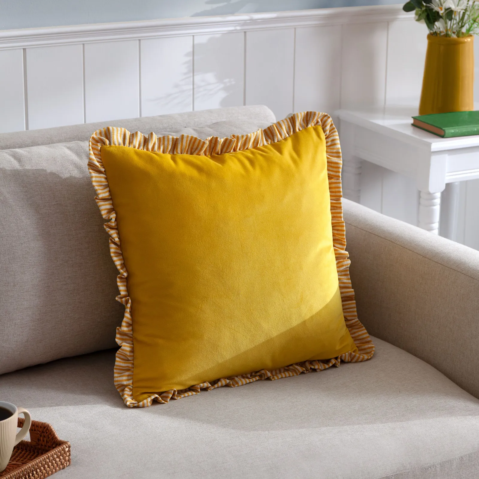 Wylder Solene Ruffle Matte Velvet Filled Cushion Yellow 45 X 45Cm, Yellow