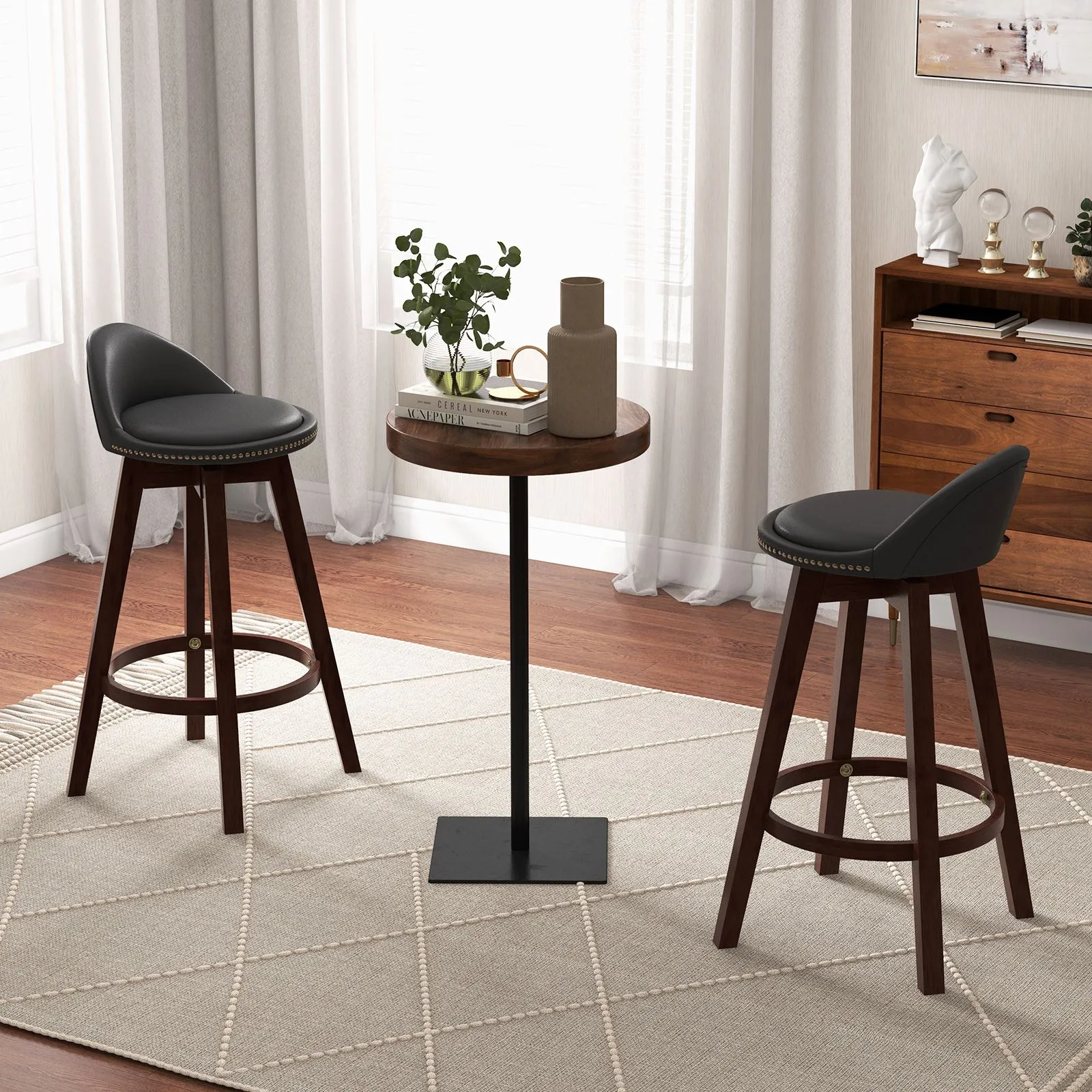 Costway Set of 2 Bar Stools PVC Leather Counter Height Chair 360° Swivel Padded Seat in Black 6