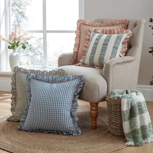 Seersucker Gingham Frill Cotton Square Cushion 5