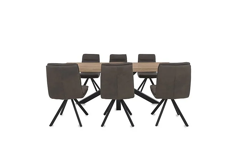 Njord Raw Edge Dining Table with Metal Star Base and 6 Anthracite Fabric Swivel Chairs - 220-cm - Storm Wood