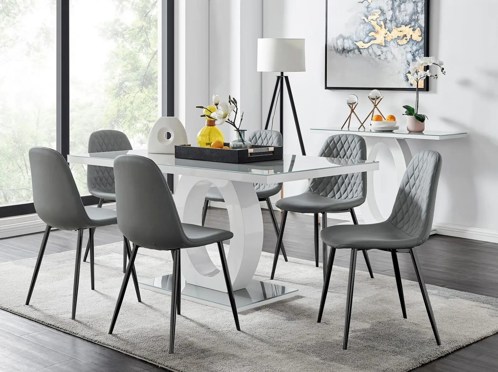 FurnitureboxUK Giovani 6-Seater Grey Glass Dining Table & 6 Corona Faux Leather Dining Chairs 1