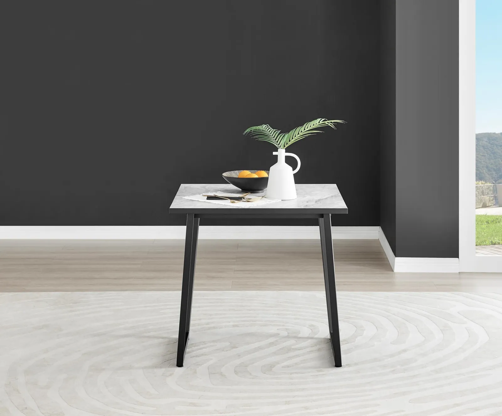 FurnitureboxUK Carson White Marble Effect Square Dining Table & 2 Faux Leather Corona Black Leg Chairs in Beige 3