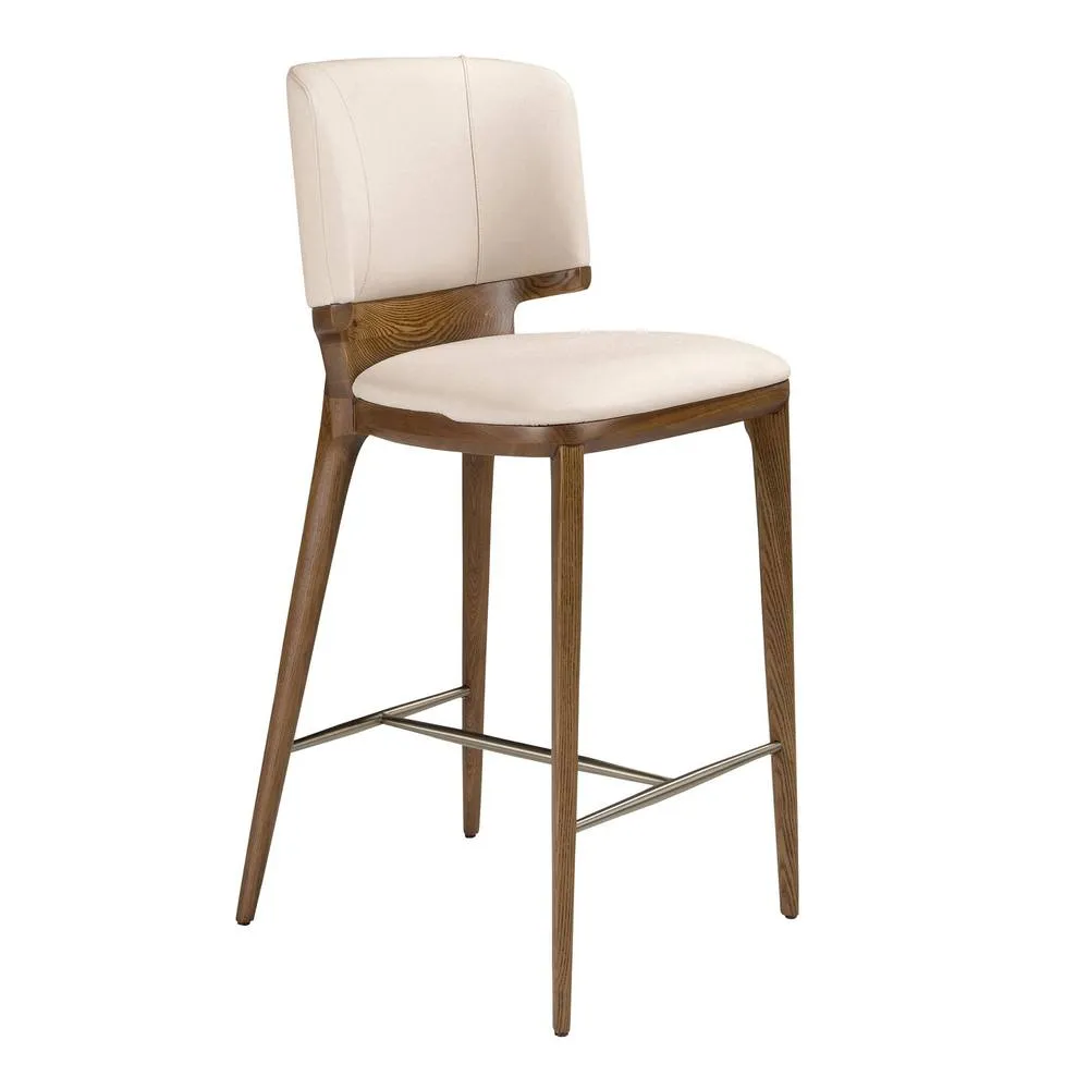 Angel Cerda Cream Leatherette Stool with Walnut Legs & Gold-Colored Detail