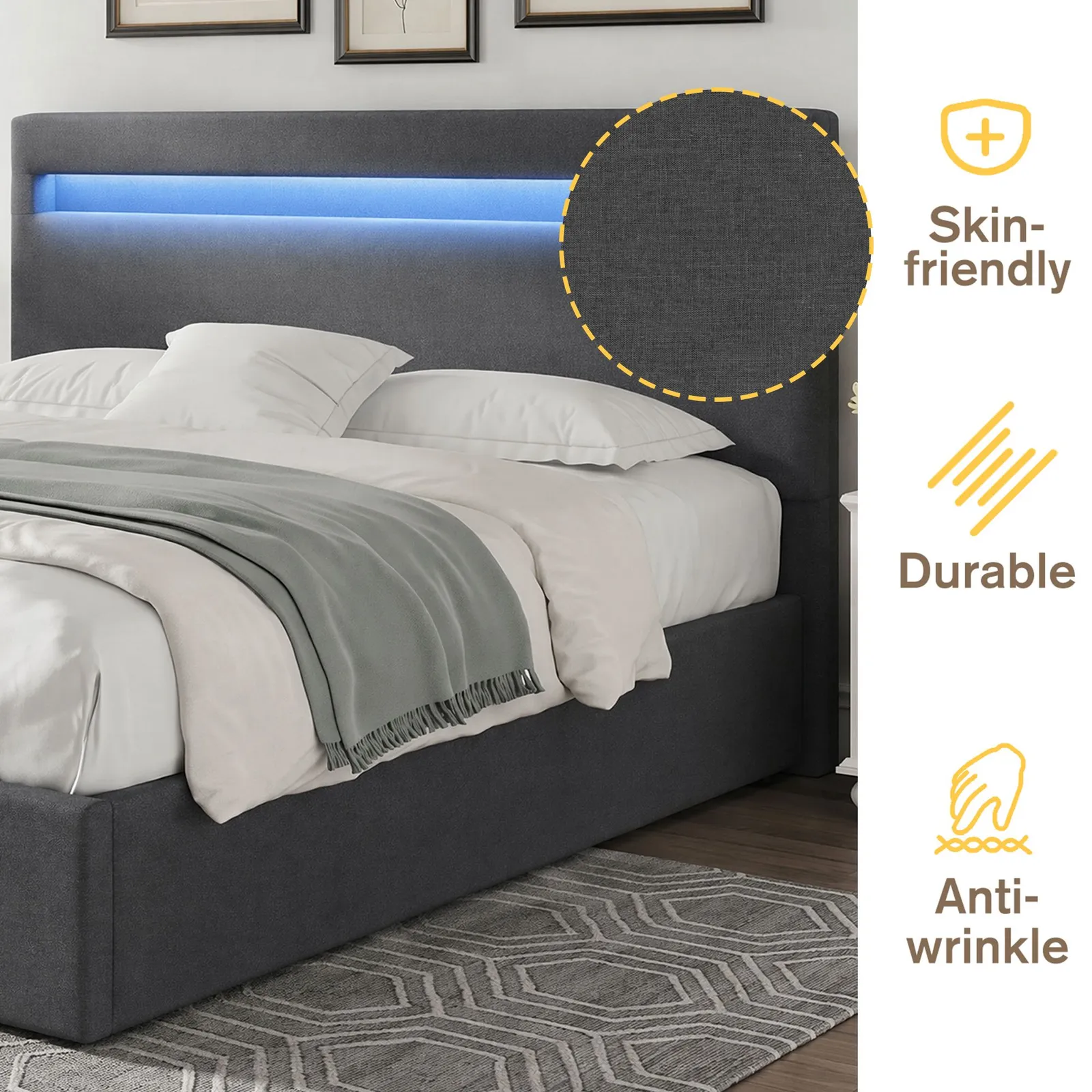 Comfy Living Ltd Fabric Modern Gas Lift Ottoman Bed Frame With LED in Dark Grey 5